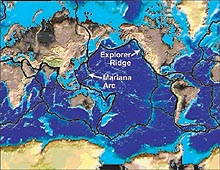 Map of the Earths surface depicting the Submarine Ring of Fire